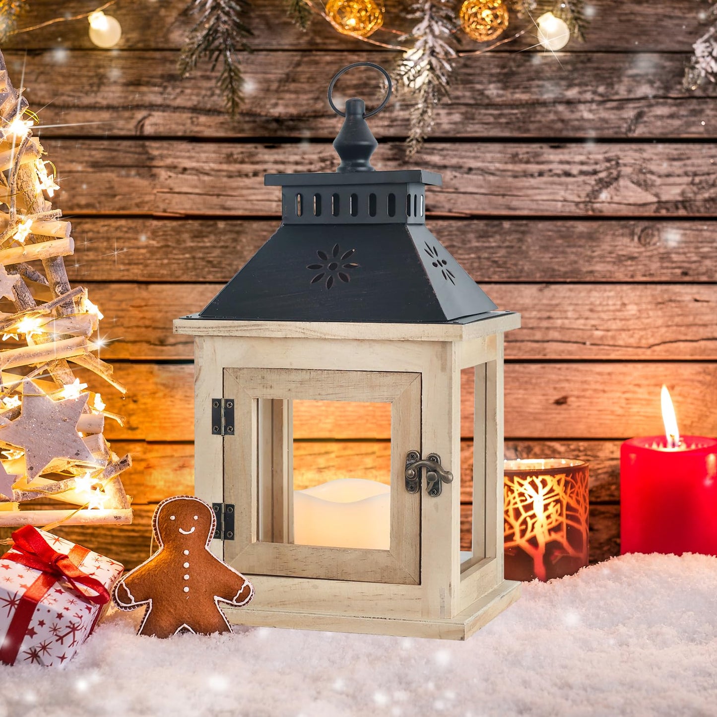 NEEDOMO 13" Farmhouse Decor Wooden Candle Lantern Indoor, Large Table Centerpiece Lanterns Decorative Outdoor, Hanging Rustic Candle Holders for Shelf Wedding Living Room Patio
