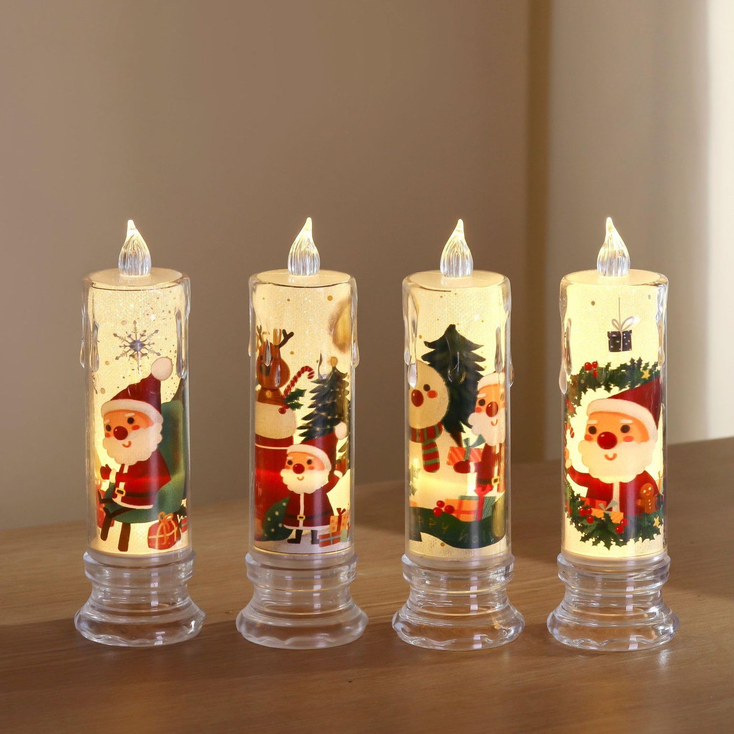 Vwvk 4-Pcs Christmas Flameless Candle Set, 5.12 Inches Tall, Christmas LED Candles with 3D Flame Effect - Battery-Operated Vintage Holiday Lights,Children's Christmas Gifts