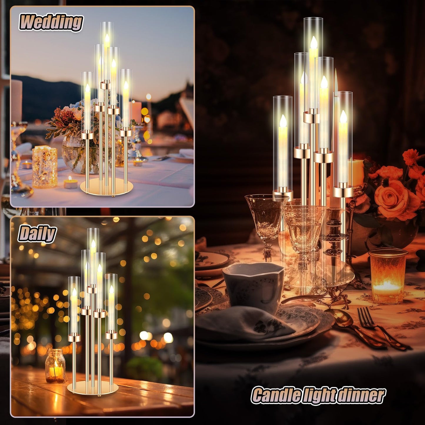 Tandefio 4 Set Gold Candelabra Centerpieces for Tables, 26.8 Inch 5 Arm Candle Holders with LED Candles and Acrylic Cylinders, Tall Acrylic Wedding Table Centerpieces for Reception Dinner Party Decor