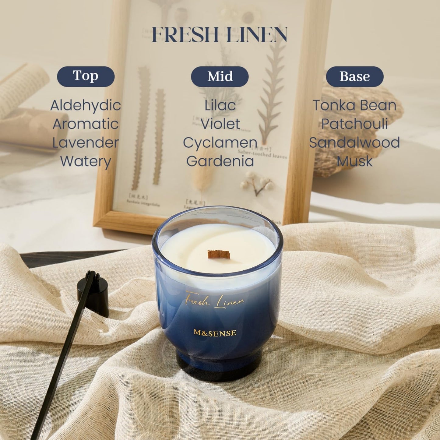 M&SENSE 9.9oz Natural Soy Wax Jar Candle with Wooden Wick | Fresh Linen Scent | 55-Hour Burn & Long-Lasting Burn | Housewarming Gift for Men and Women