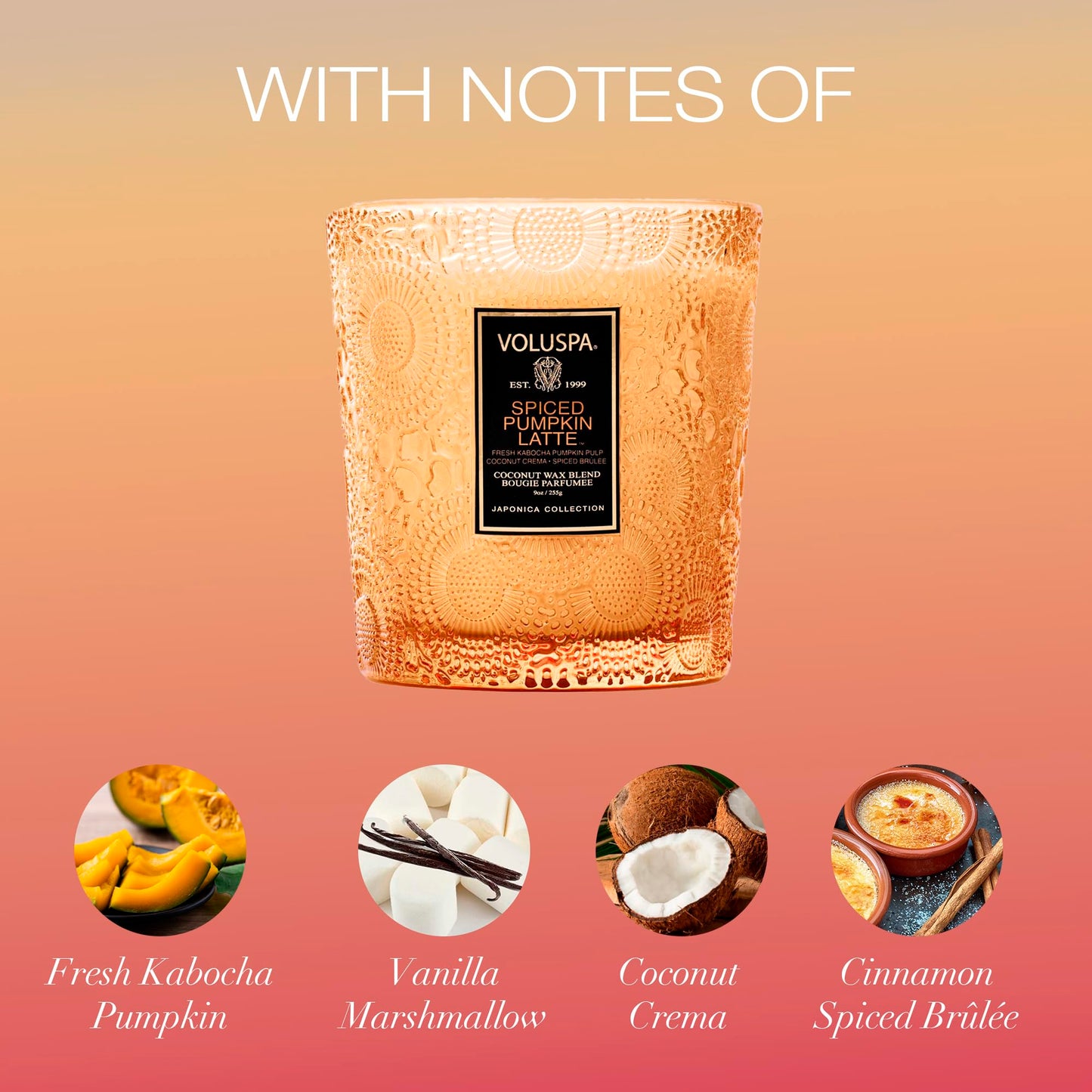 Voluspa Pumpkin Spice Latte Candle, 9 oz, Coconut Wax Blend, Scented Candles for Home, 60 Hour Burn Time, Classic Candle Jars