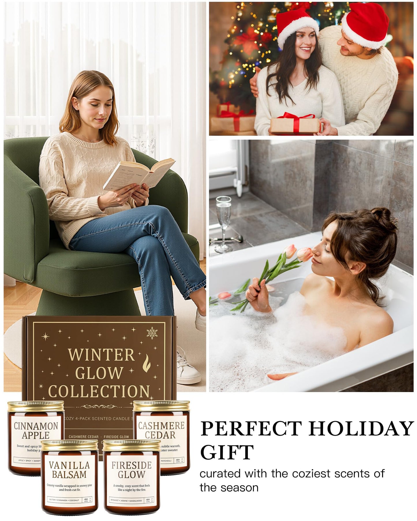Scented Candles Gift Set for Women - 4 Pack Soy Candles for Home Scented, Long Lasting Winter Candle Set with Cashmere Cedar/Fireside Glow/Cinnamon Apple/Vanilla Balsam, Birthday Valentine's Day Gifts