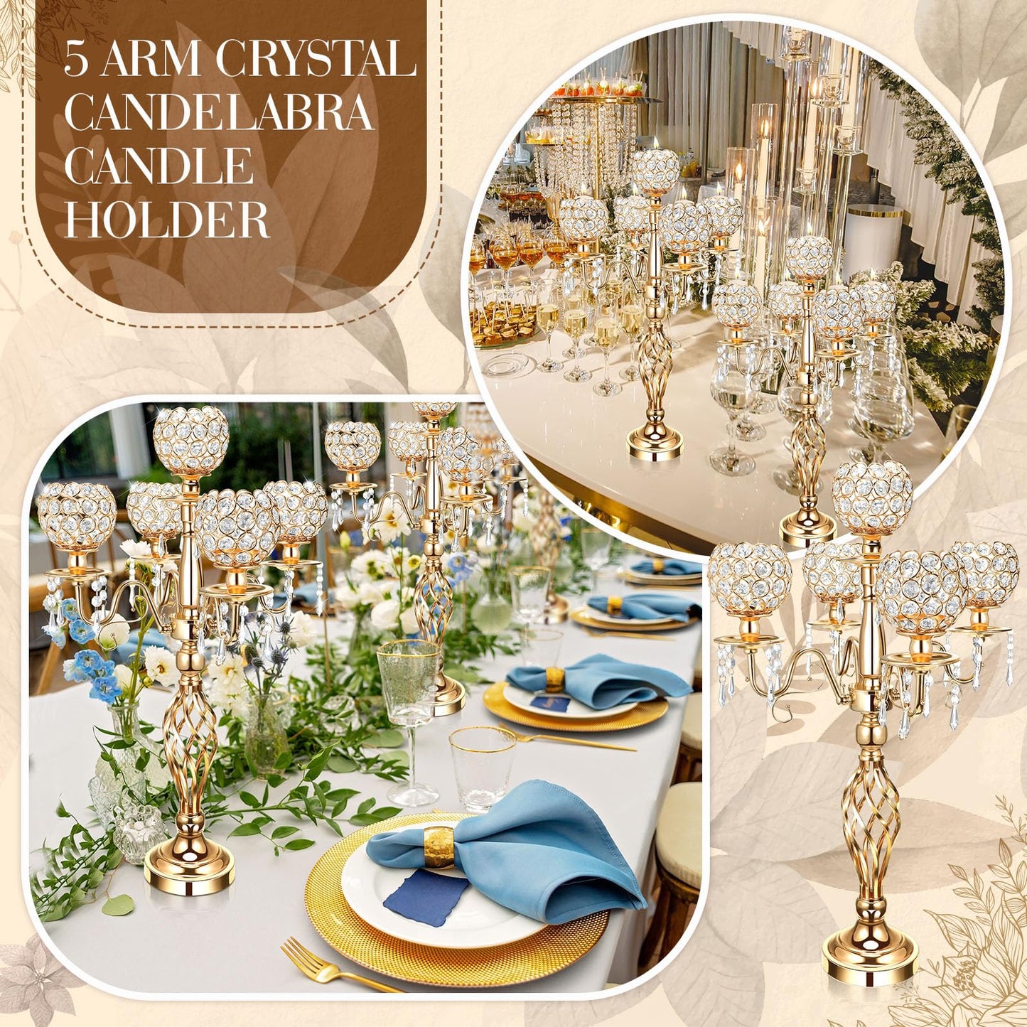 Nitial 4 Pcs 5 Arm Crystal Candelabra Centerpieces for Table 27 Inch Retro Victorian Crystal Candle Holders Bowl Table Centerpieces Decor for Wedding Banquet Valentine Dinner Party Event (Gold)