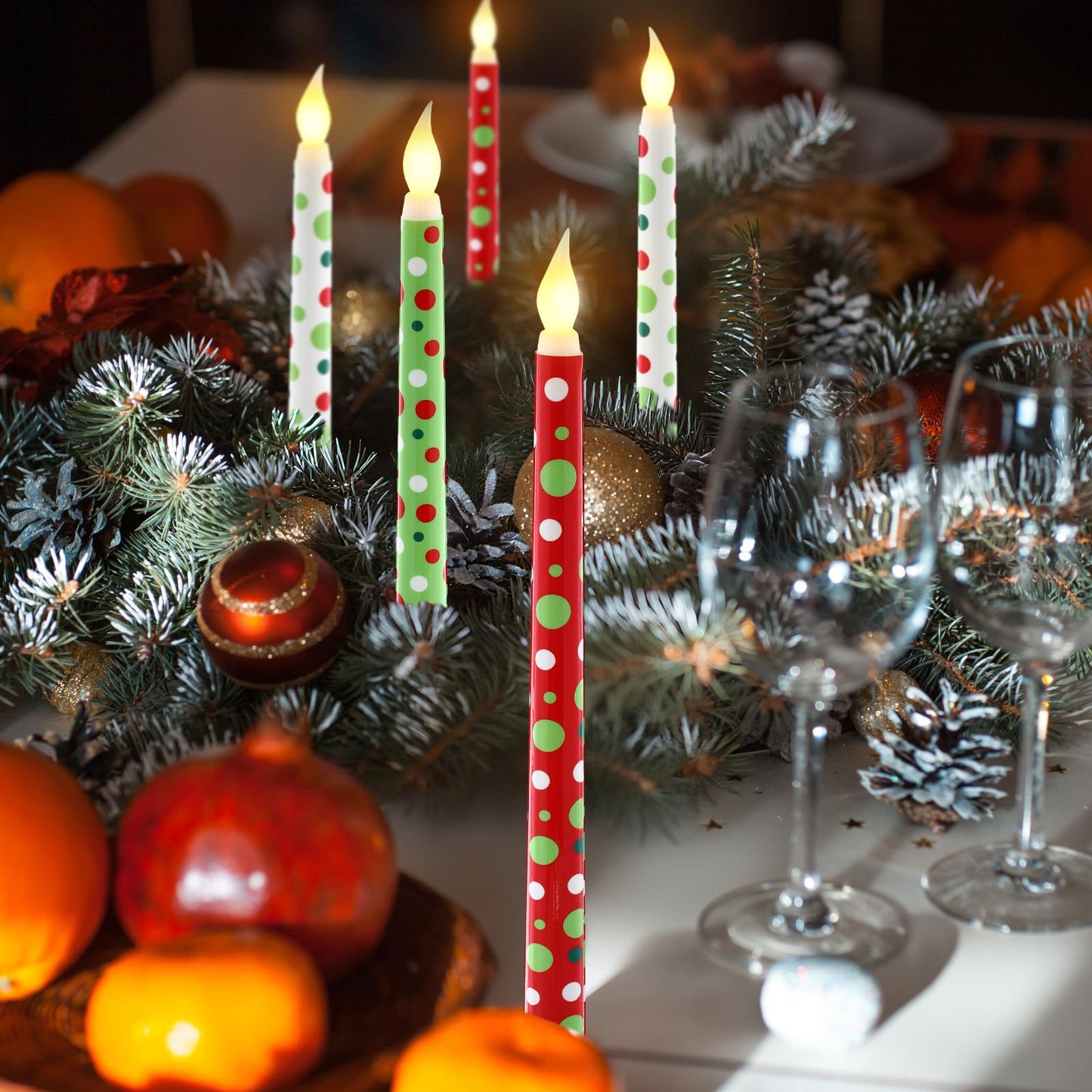 Kittmip 6 Pcs Christmas Flameless Taper Candles 11 Inch Long Polka Dots White Red Green Battery Operated LED Candles Elf Candlestick Table Centerpiece for Xmas Winter Holiday Party Decor