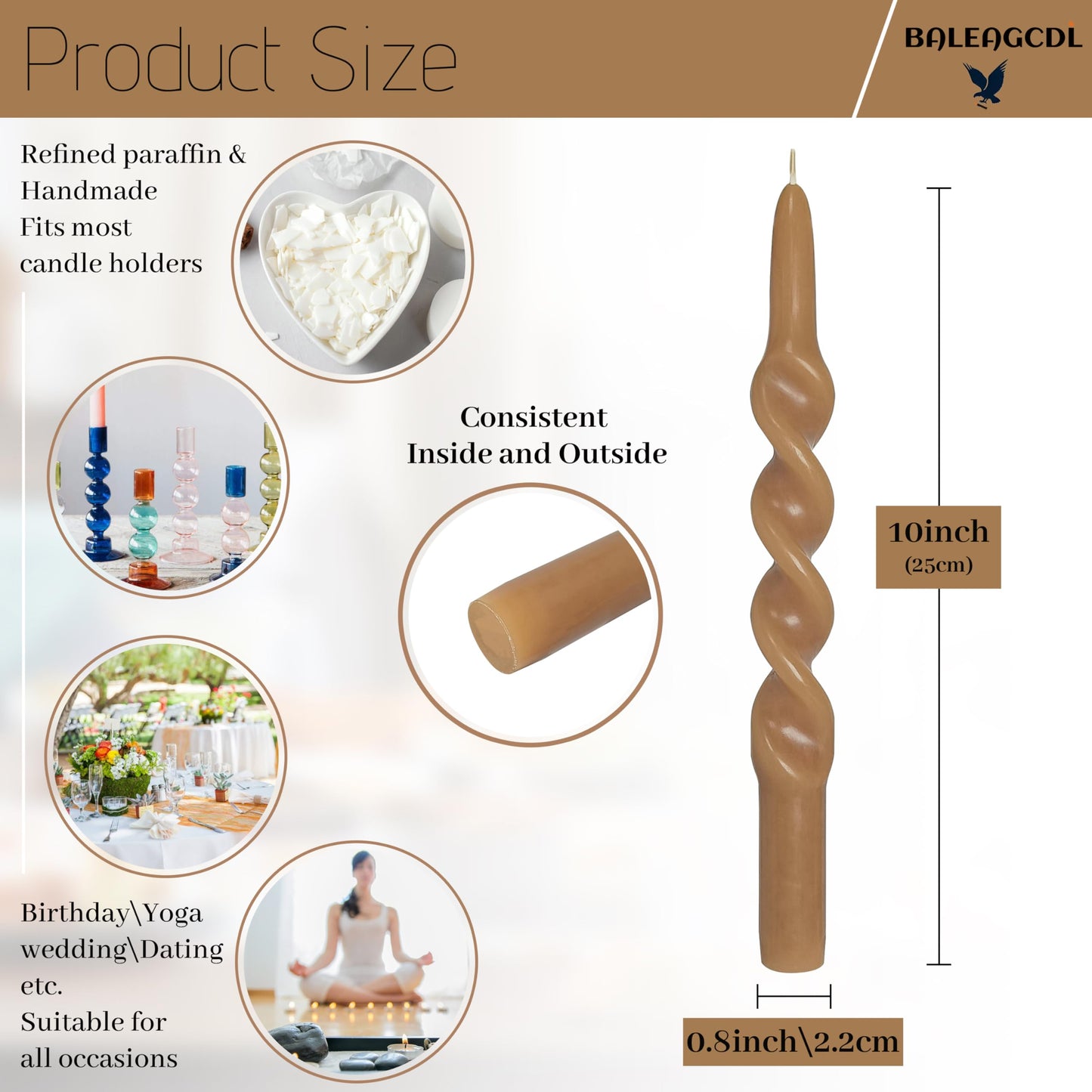 BALEAGCDL Twisted Taper Candle Brown Spiral Candlesticks 10 Inch Unscented Handmade Smokeless Dinner Candles Set for Holiday Gifts Home Decoration 2 Pcs