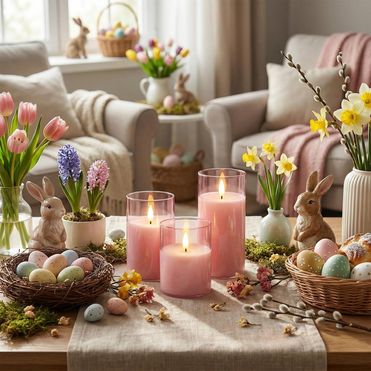 Homemory Pink Glass Flameless Candles, Battery Operated LED Pillar Candles with Remote & Timer, Real Wax Flickering Candles, Romantic Decorative Lights for Home Wedding Party, Set of 3