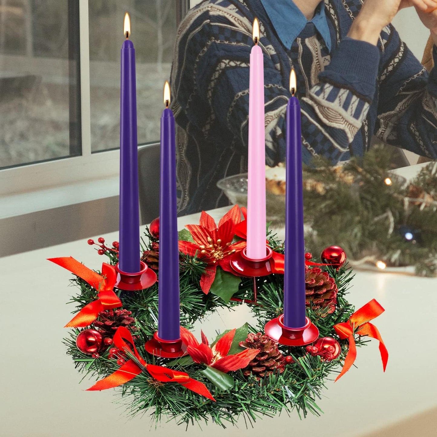 Topsics Advent Taper Candles, 12 Pack Christmas Advent Candles Set, Taper Candles for Seasonal Celebration - 9 Purple and 3 Pink