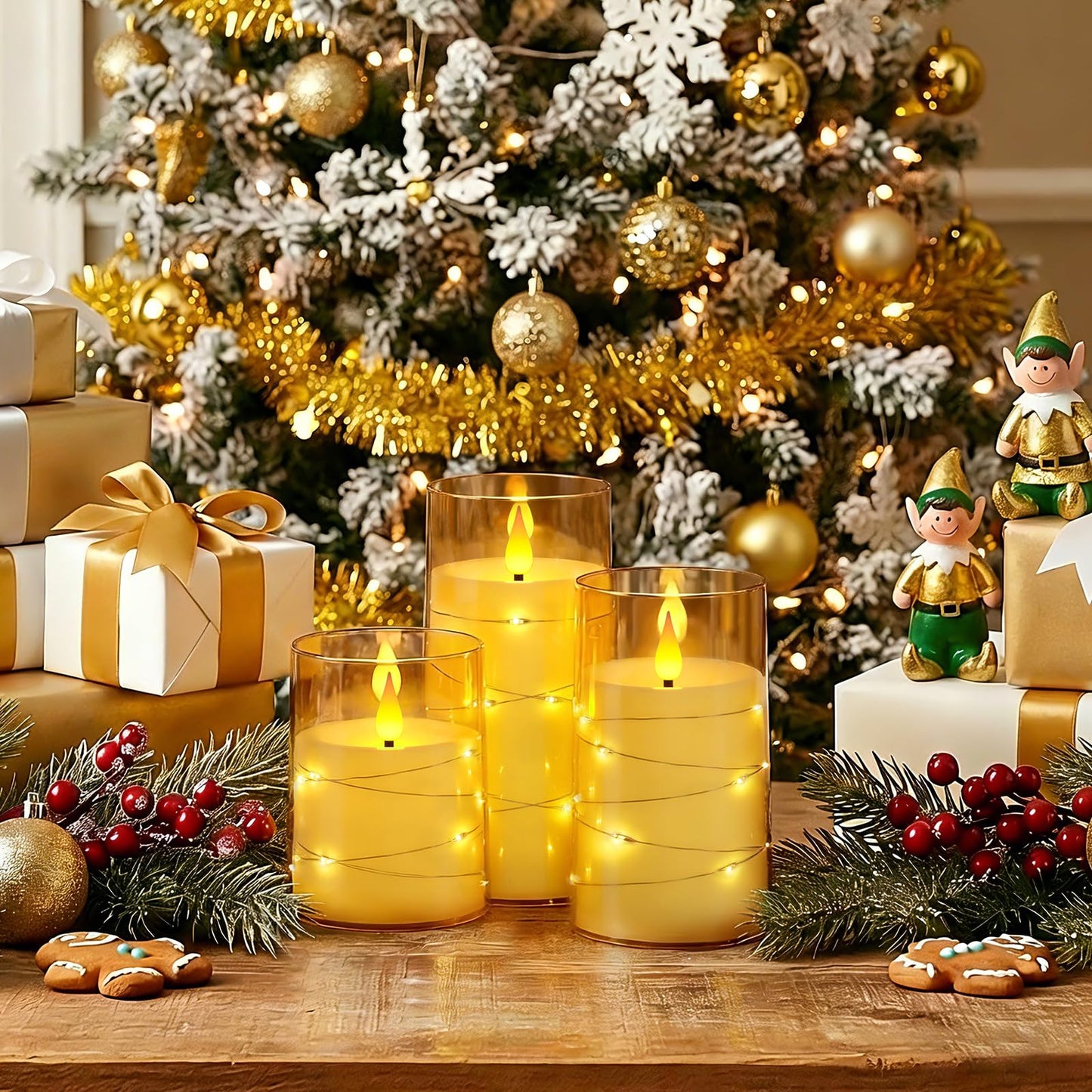 Homemory Flameless Candles with Embedded Star String Fairy Lights, Battery Operated Candles, LED Candle, Fake Candles with Remote Control and Timer, Gold, Set of 3(H 4" 5" 6”)