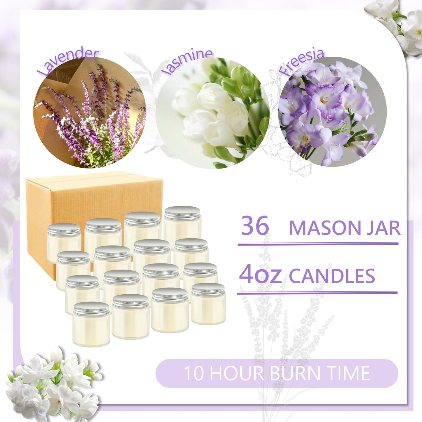 ACITHGL 36 Pcs 4oz Mini Mason Jar Candles Small Scented Candles Bulk Aromatherapy Ideal Souvenir Favors for Wedding Birthday Party (Freesia, Lavender, Jasmine, Silver)