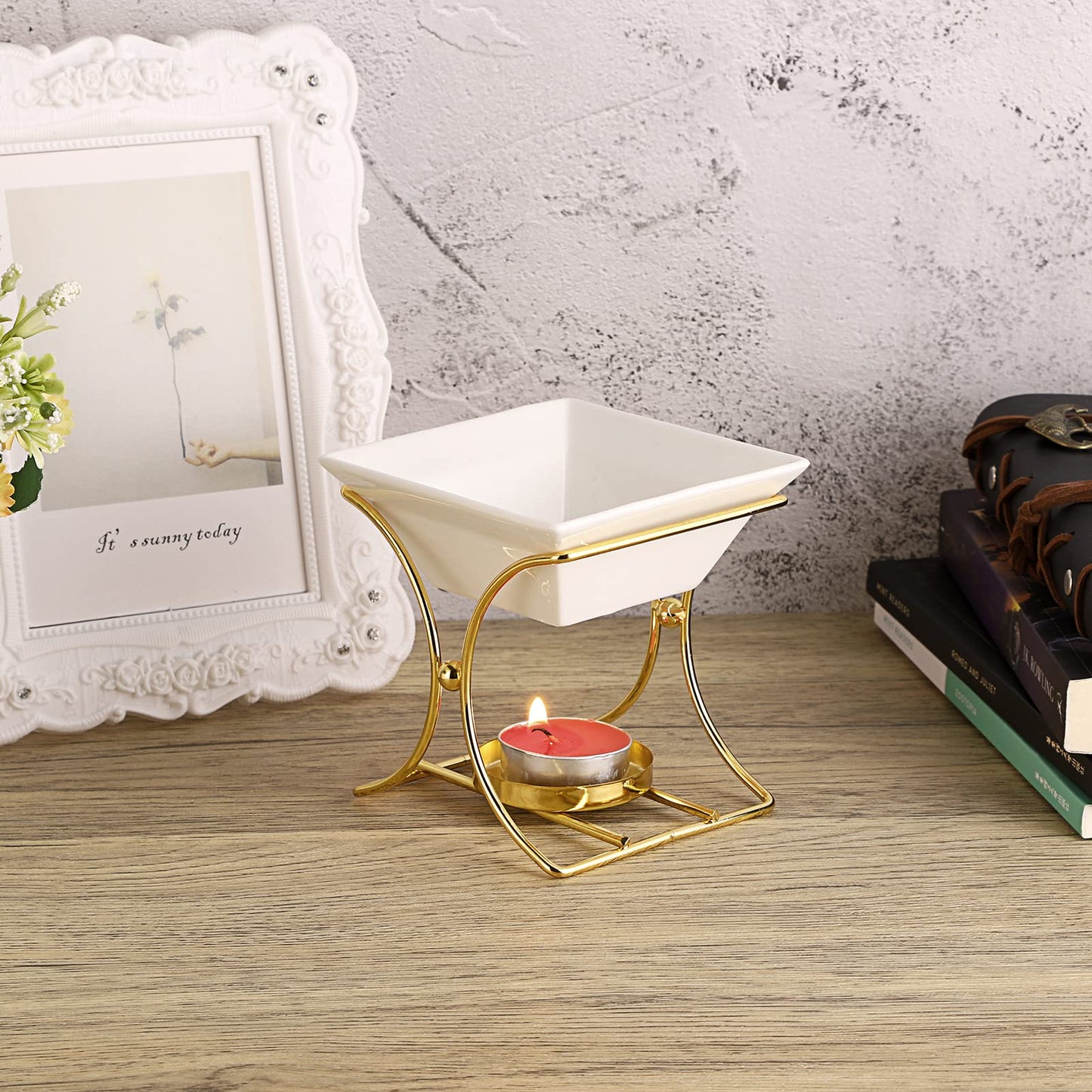 JuxYes Metal Tealight Scented Wax Melts Warmers Fragrance Oil Diffuser Burner, Ceramic Tealight Candle Oil Burner Warmer Aromatherapy Wax Candle Tart Warmer Diffuser for Home Bedroom Décor