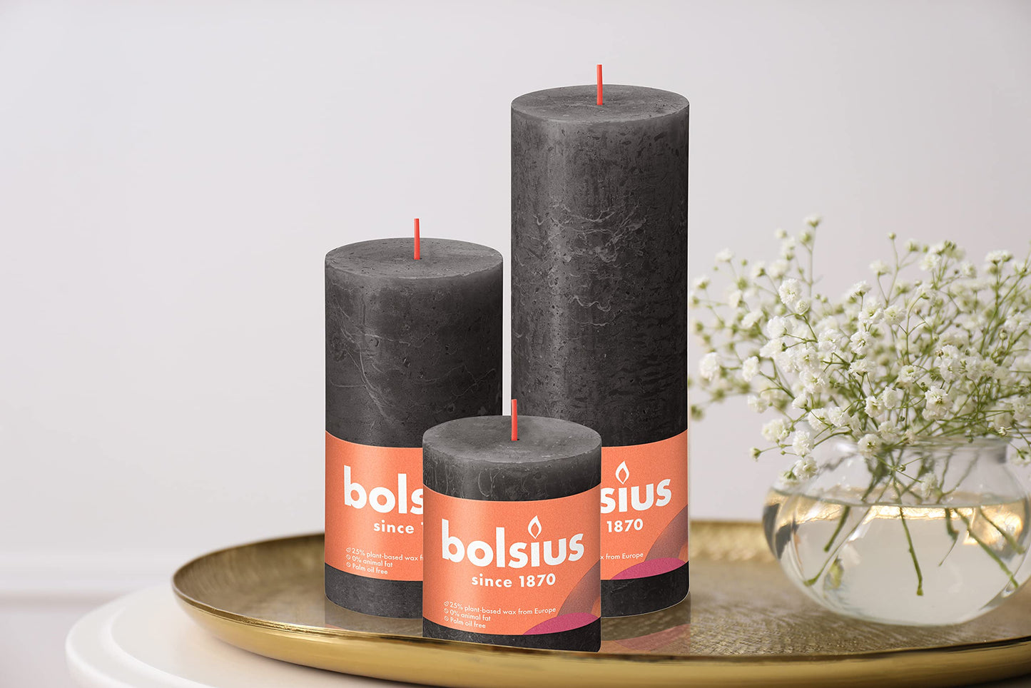 BOLSIUS 4 Pack Black (Stormy Gray) Rustic Pillar Candles - 2.75 X 3.25 Inches - Premium European Quality - Includes Natural Plant-Based Wax - Unscented Dripless Smokeless 35 Hour Spa Décor Candles