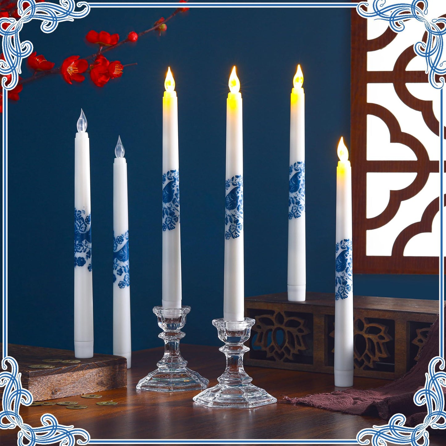 Conelist 6 Pcs Chinoiserie Flameless Candles 10 Inch Blue and White Candles Battery Operated LED Candlesticks Chinoiserie Decor for Wedding Table Centerpiece Home Party Decor Gifts