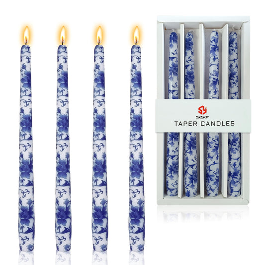 Blue and White Porcelain Taper Candlesticks 10 in Print Taper Candles Unscented Smokeless Handmade Printing Candle Tall Tapered Candle Sticks for Home Dinner Wedding Decor Simple Modern, 4 Pack