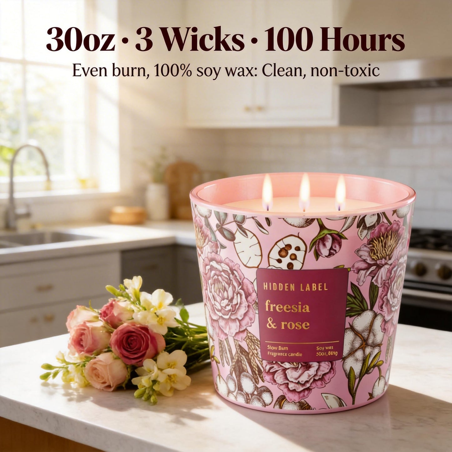 Freesia Rose Scented Candle, 30oz 3-Wick Natural Soy Wax, Up to 100 Hours Long-Lasting Clean Burn, Non Toxic Large Jar Aromatherapy Candle, Freesia Rose, Gifts for Women