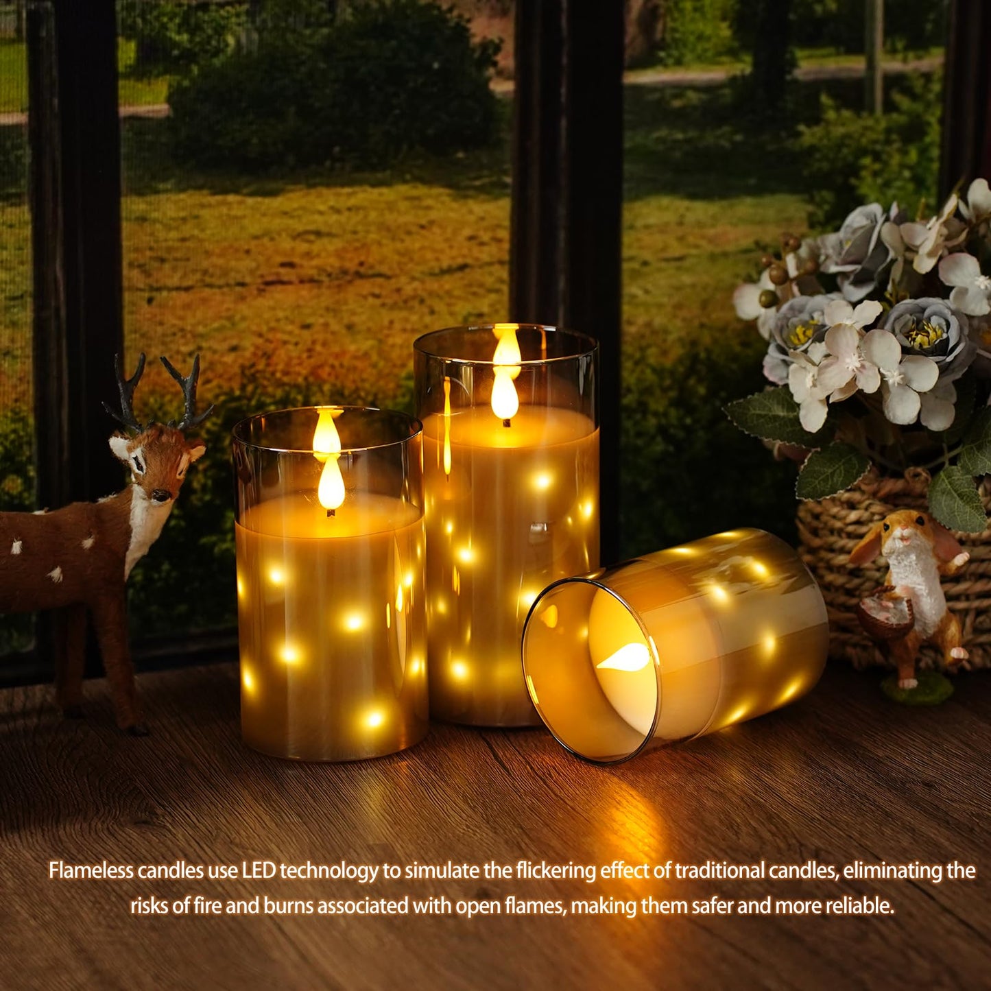 Nimiko Real Wax Flameless Candles Glass,Battery Operated LED Candles with Flickering Flame,Glass Shell,Interior Star Light Decoration Set of 3 Grey (D 3"×H 4" 5" 6") for Home Decor,Holiday Decoration