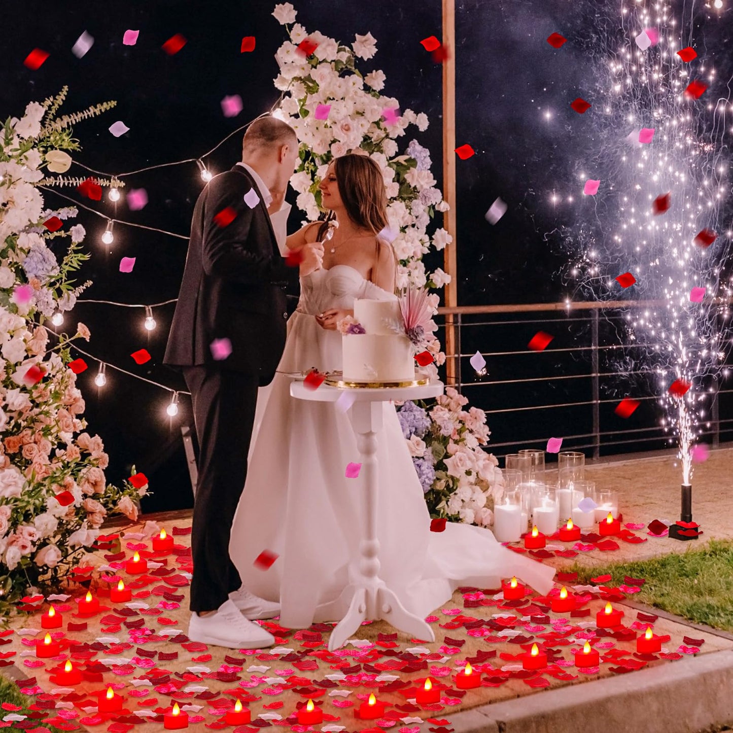 Coume 6000 Pieces Artificial Rose Petal 72 Pieces LED Tealights Candle, Romantic Decorations Special Night Rose Petal Heart Candle for Valentines Wedding Anniversary Proposal Decor(Cute Red Light)