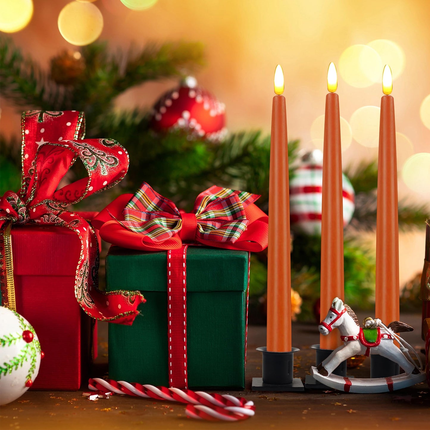 CVHOMEDECO. Flameless Taper Candles with 10-Key Remote, Battery Operated Led Flickering 3D Wick Window Candles Real Wax Finished Home Christmas Party Decor 0.78 x 11 Inch, Pack of 3, Orange