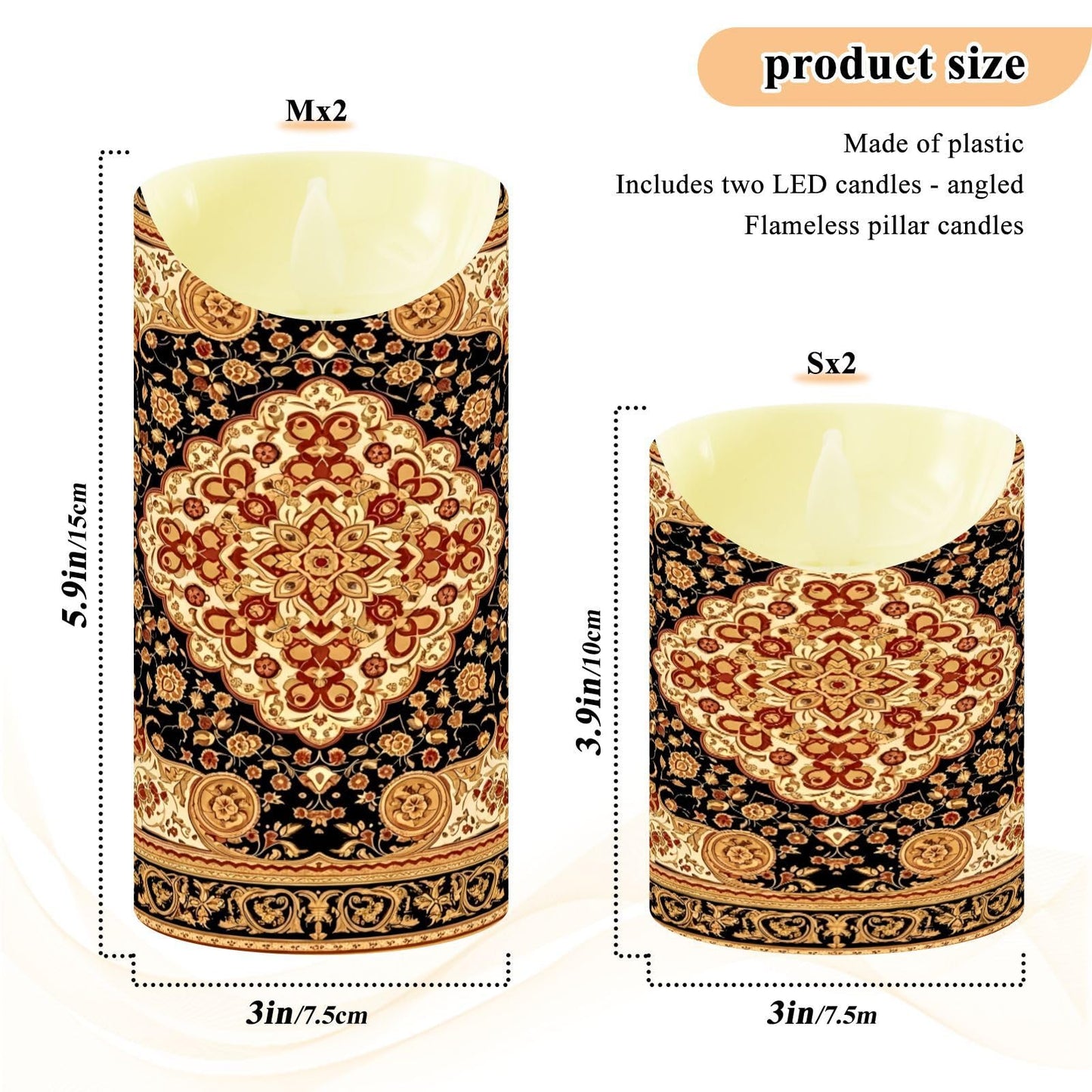 Gravopti Oriental Medallion 2 Pack Flameless LED Pillar Candles with Remote & Timer, Battery Operated, Flickering Wax Candle for Wedding, Romantic Home & Party Decor