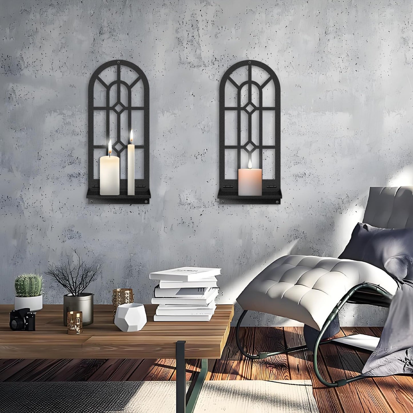 Black Metal Wall Art Holder Set of 2,Rustic Farmhouse Home Wall Decor,Bohemian Line Candle Holder for Living Room Bathroom Fireplace Housewarming Gift (16.5 x 7inches)