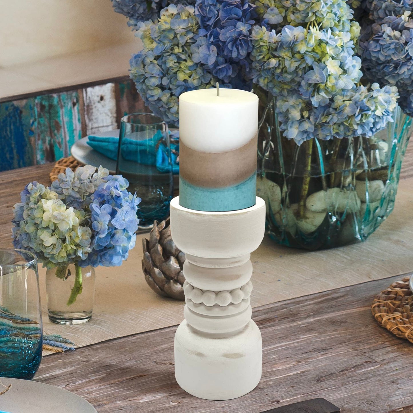 dwellington Farmhouse Rustic Wood Pillar Candle Holder, Decorative Beaded Candlestick Holder Stand for Home Decor, Gifts, Wedding (White)