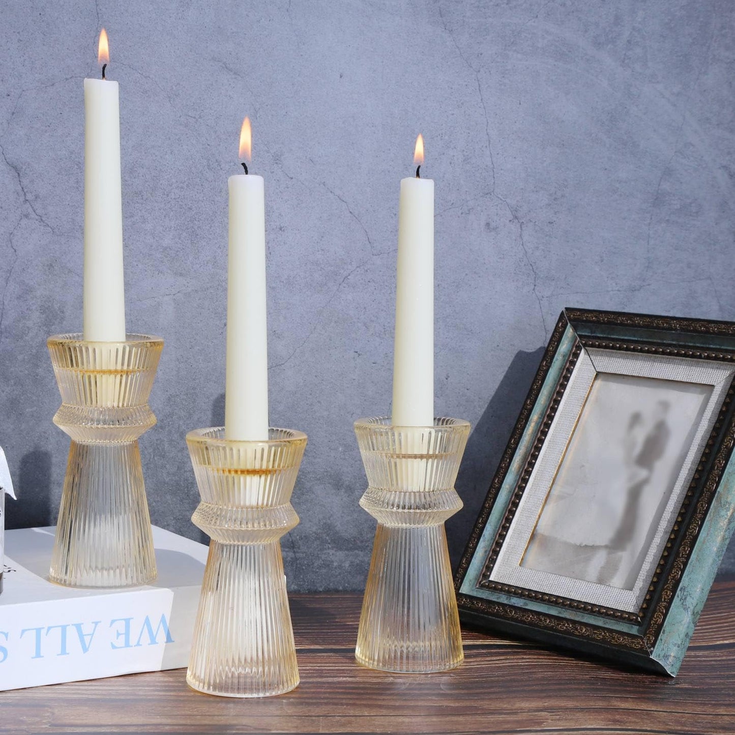 VOHO Gold Candlestick Holders for Holiday Decor, Set of 3 Ribbing Glass Taper Candle Holders Classy for Wedding Christmas Table Centerpieces, Gold Candle Holders for Candle Sticks & Tealight Candles