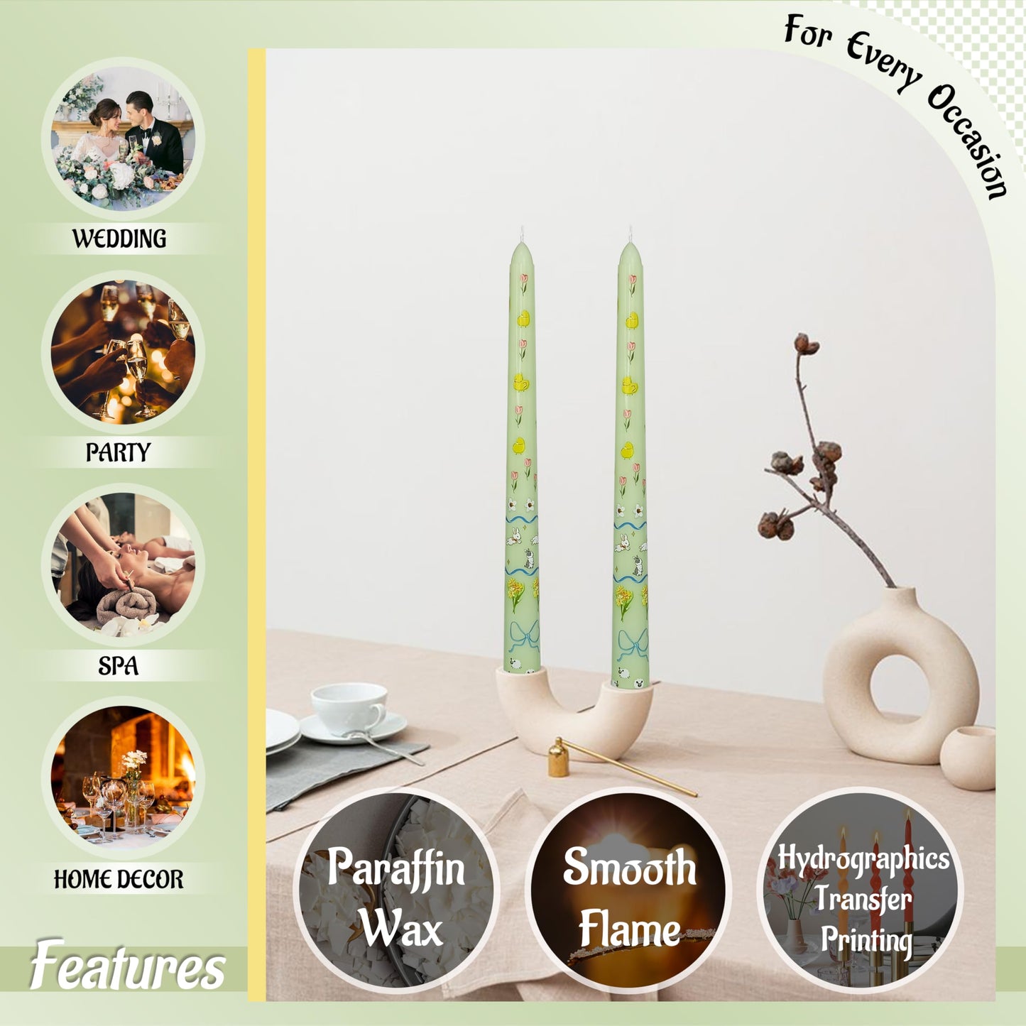 FLAMMUL Print Taper Candles Set of 2, Light Green with Pastoral Animal Floral Candle Sticks 10 Inch Long Tapered Candle Handmade Drip Candlesticks for Holiday Gifts & Home Decor
