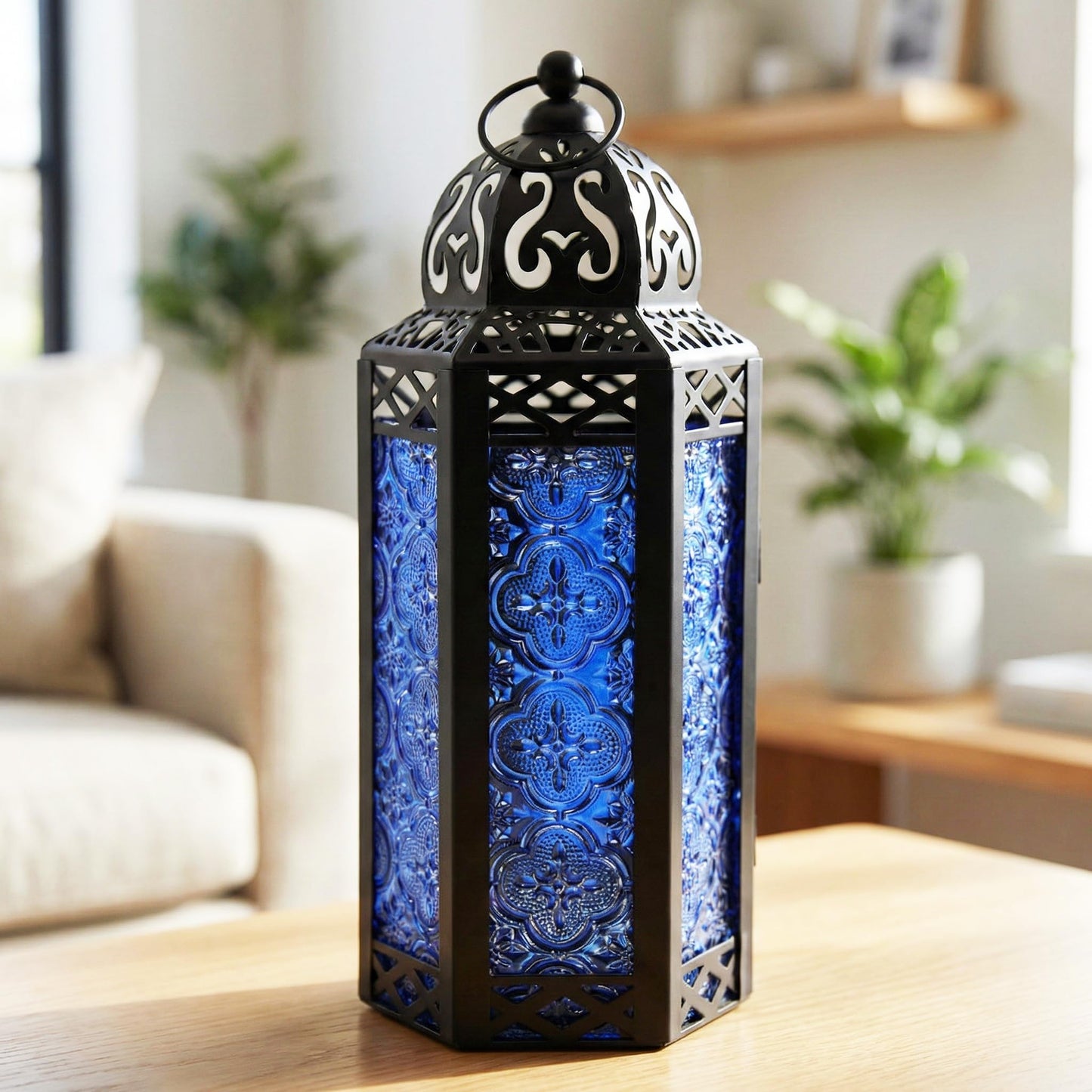 Vela Lanterns Decorative Indoor Moroccan Candle Holder & LED Fairy Lights -Twinkle Turkish Lamp, Fantasy Home Decor Table Centerpieces, Hanging Outdoor Patio Porch Wedding Ramadan (10.5", Cobalt)
