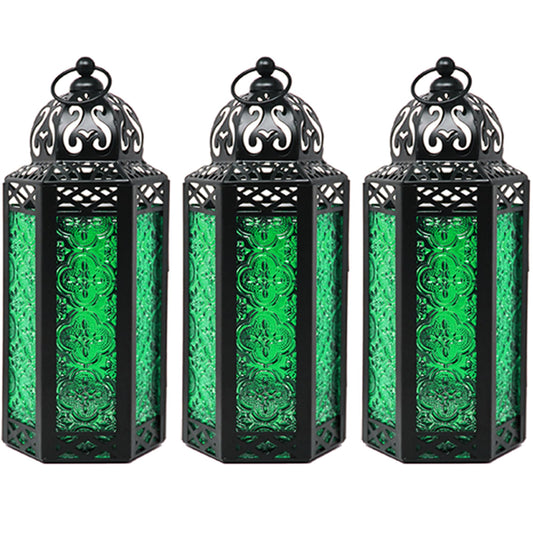 VELA LANTERNS 10.5" Moroccan Lamp Lantern Decorative Candle Holder for Indoor Outdoor Home Decor, Patio, Weddings, Ramadan Decorations, Green Glass, Medium, Set of 3