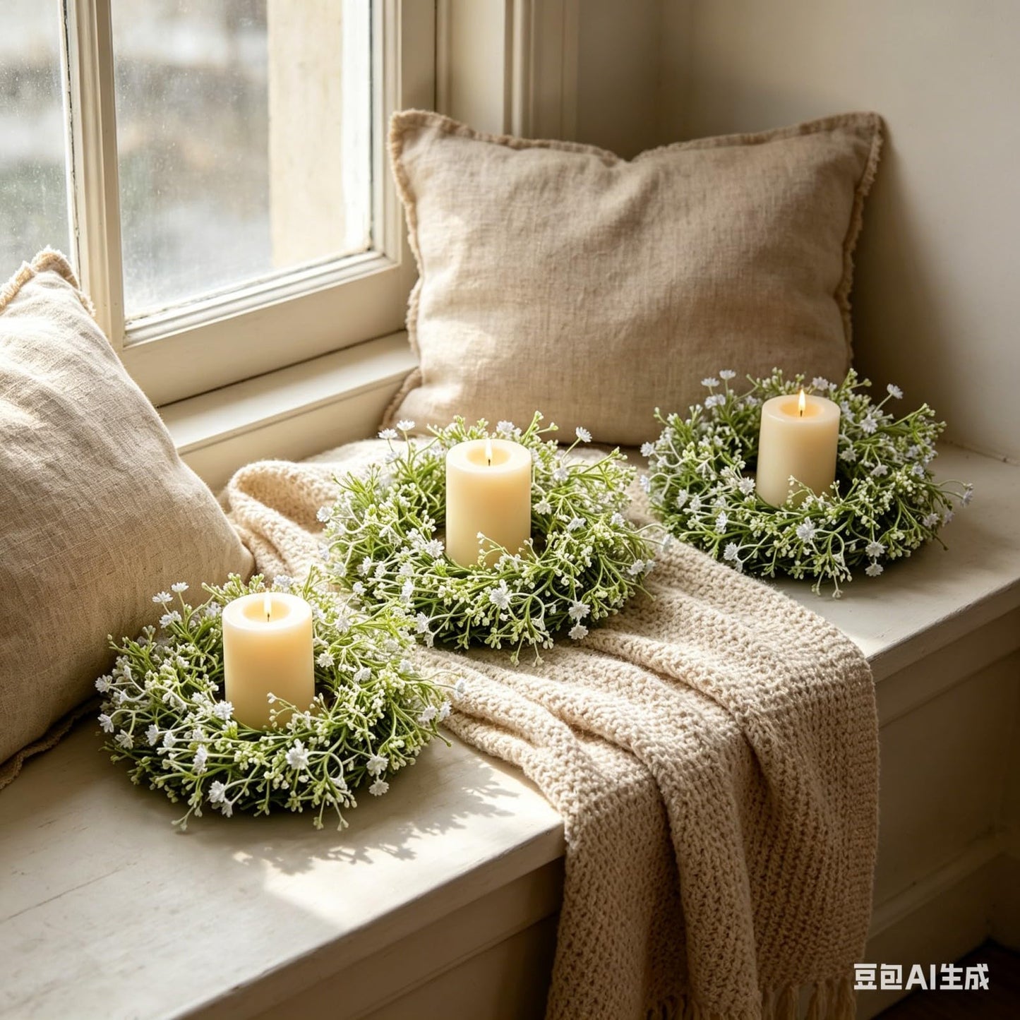 6 Pcs Mini Baby Breath Candle Rings Wreaths Gypsophila Pillar Holder Wreath Artificial Flower Spring Summer Floral Wreath for Wedding Farmhouse Porch Cabinets Table Decoration