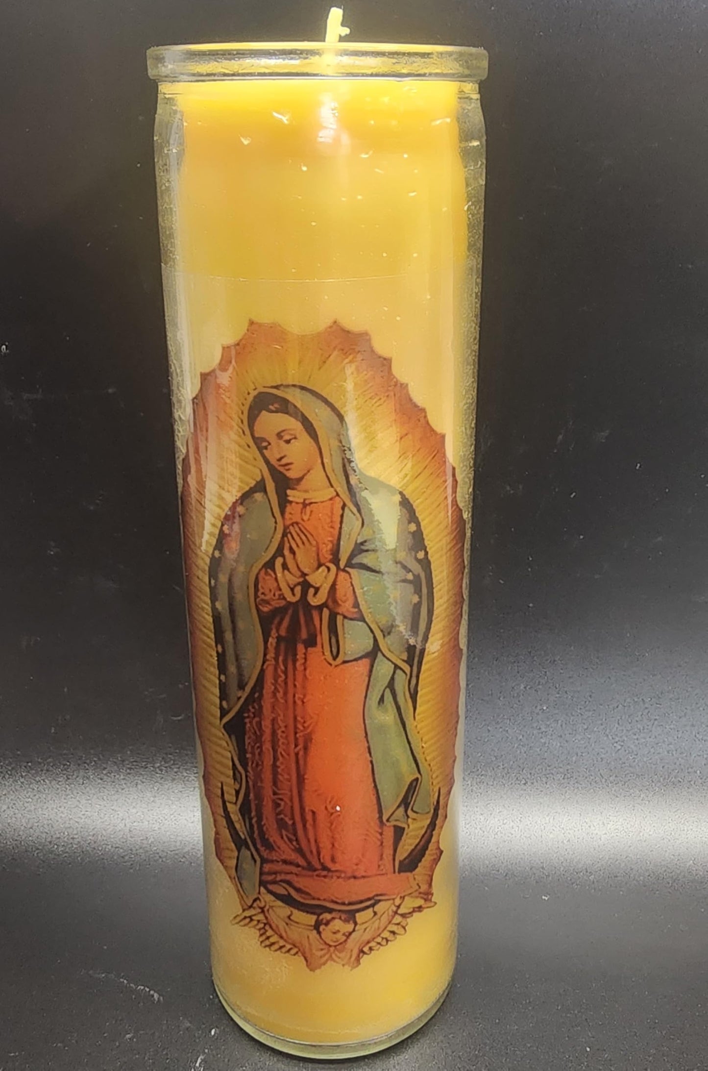 100% USA Quality Authentic Beeswax Devotional Candle, Our Lady of Guadalupe Glass Prayer Candle, 8" H x 2.25" W, 100 Hours Burning time.