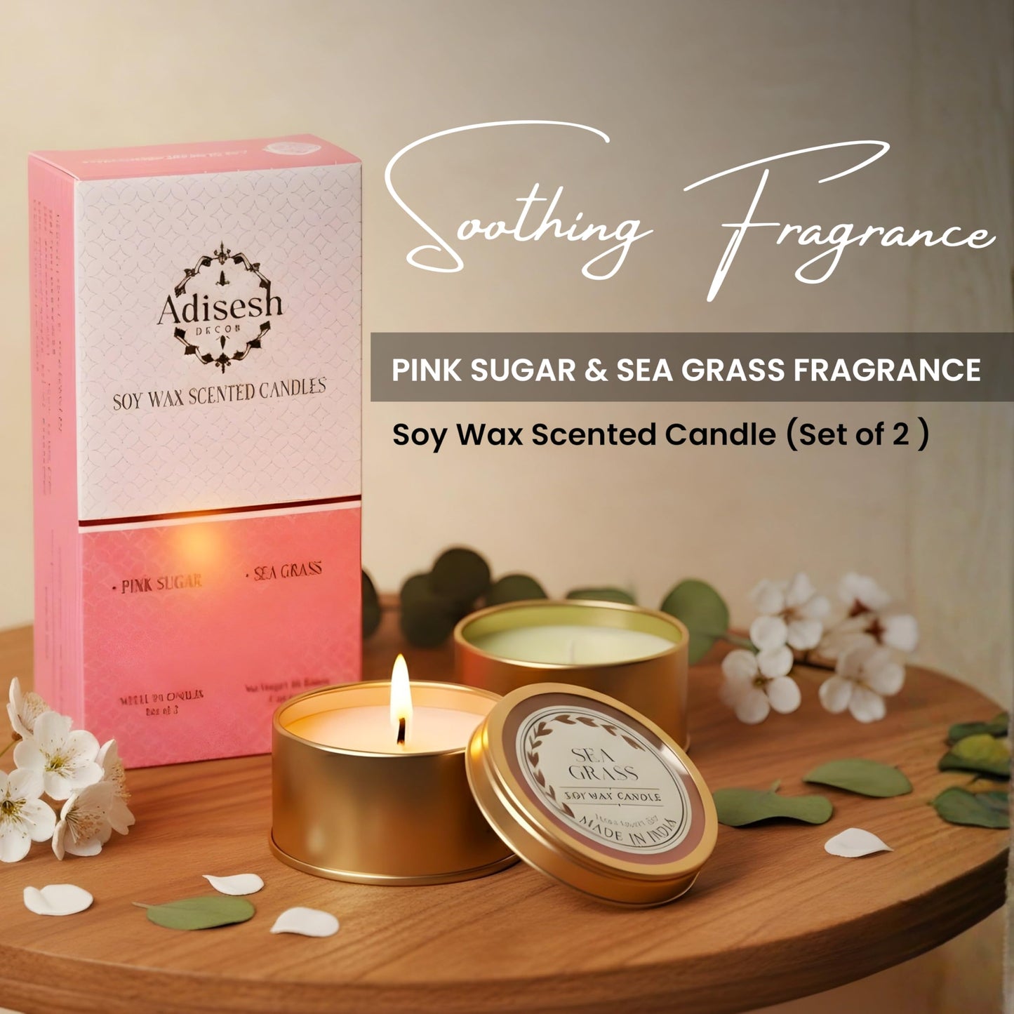 Adisesh Decor Soy Wax Scented Candles - Pink Sugar & Sea Grass (Set of 2) | Metal Tin Scented Candles for Home Decoration, Burn Time 14-15 Hrs Each, Luxury Fragrance Candles for Gifting