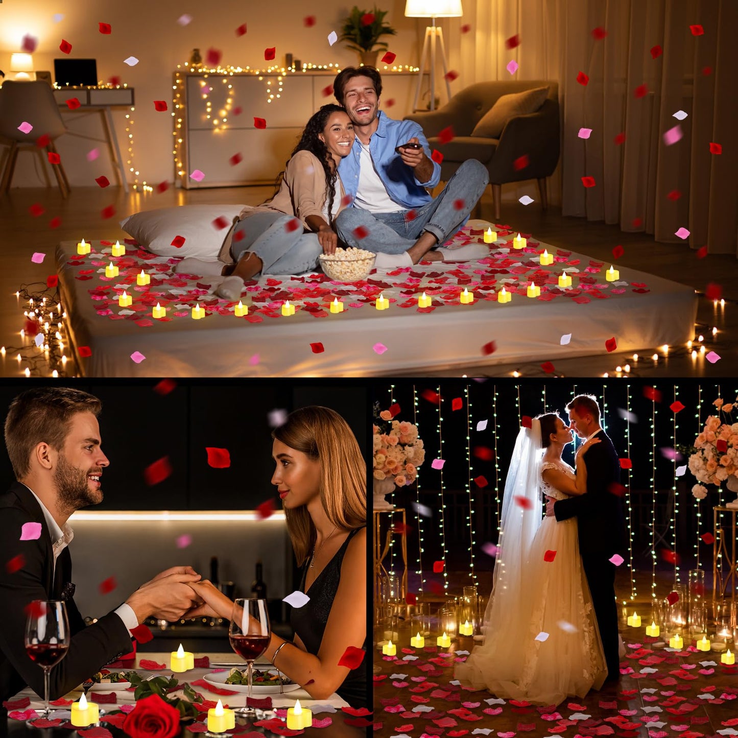 VIHOSE 4000 Pcs Artificial Rose Petals with 24 Pcs LED Tea Lights Candles Flameless LED Candles Fake Rose Petals for Wedding Birthday Party(Yellow Light, Bright Color Petal)