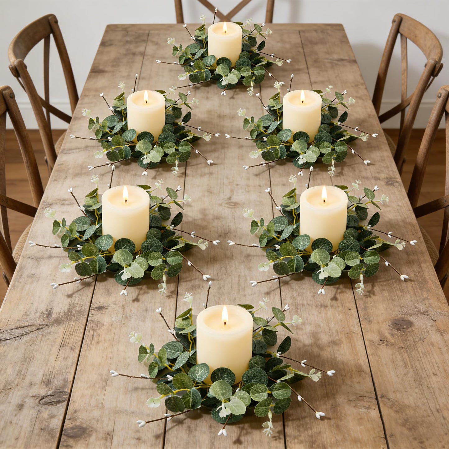 6 Pcs Small Spring Summer Candle Ring Wreaths with Artificial Eucalyptus Greenery White Buds Branches Mini Pillar Candle Holder Wreath for Home Table Centerpieces Kitchen Wedding Farmhouse Party Decor