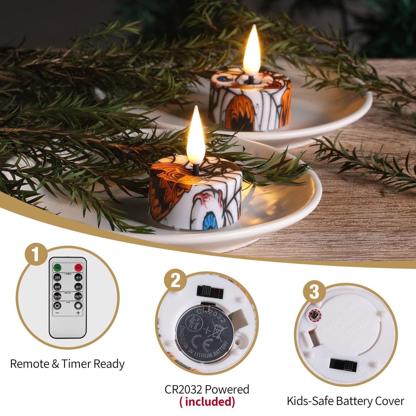 Eywamage Flameless LED Tealights with Remote Set of 12, Cool Pattern Battery Tea Votive Candles Holiday Gift