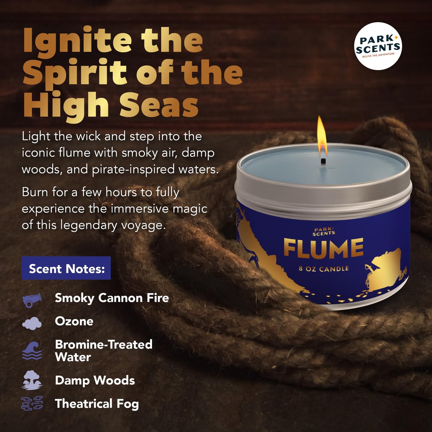 Park Scents Flume Candle - Inspired by the atmosphere of the PIRATES OF THE CARIBBEAN ride - Handmade in the USA, vegan, and cruelty-free | 8 oz. Tin