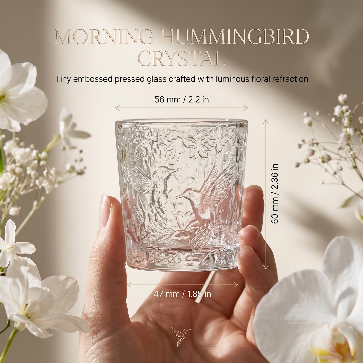 6 Pack Hummingbird Embossed Glass Candle Holders Votive Tealight Holders with Patent Design, Decorative Cups for Wedding Centerpieces, Parties, and Home Decor (Crystal Clear)