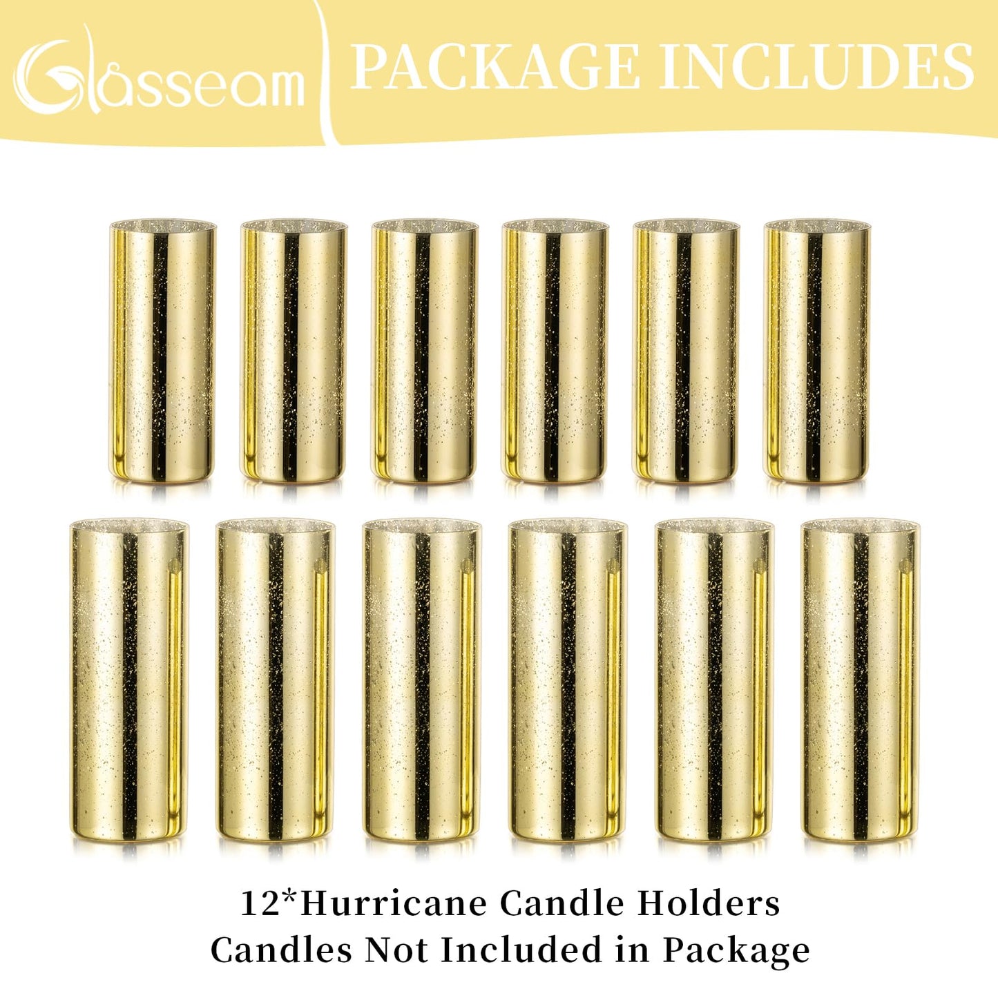 Glasseam Glass Cylinder Gold Candle Holder, Set of 12 Hurricane Candle Holders for Pillar Candles, Modern Mercury Floating Candle Holders for Table Centerpiece Wedding Living Room Home Decor