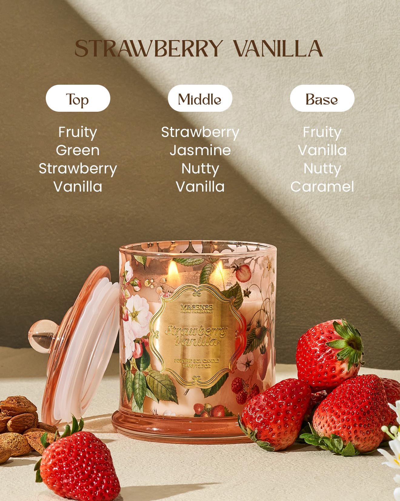 M&SENSE Strawberry Vanilla Scented Candles, Natural Soy Candle 75 Hours Burning, 12.7oz Large Vanilla Candles for Summer, Romantic Gifts for Women
