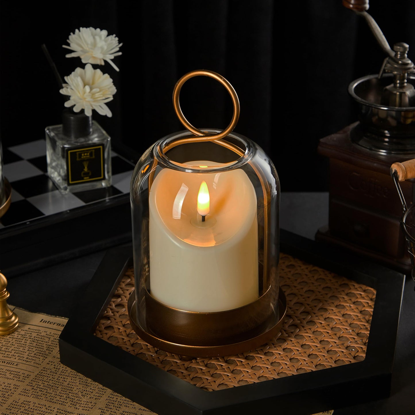 Ganwu 5"&4" Metal Candle Holder with Handmade Glass Dome in Brass & 2 Timer Candles, Set of 2 Versatile Hurricane Glass Candle Holders for Pillar Candles & Plants