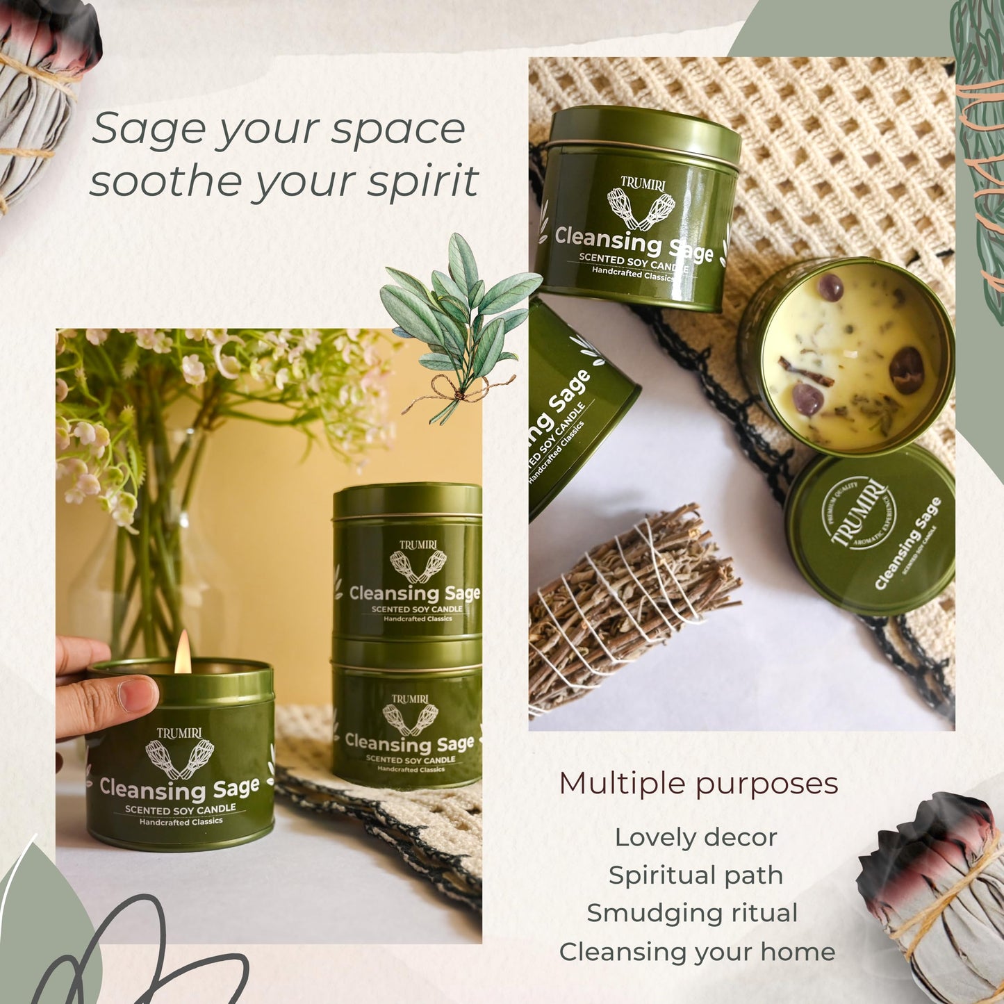 Sage Candle for Cleansing House Negative Energy - Pack of 3 x 5oz Soy Wax Natural Clean Organic Non Toxic - Aromatherapy Spiritual Meditation Gifts - Long Lasting Highly Scented Candel with Crystals