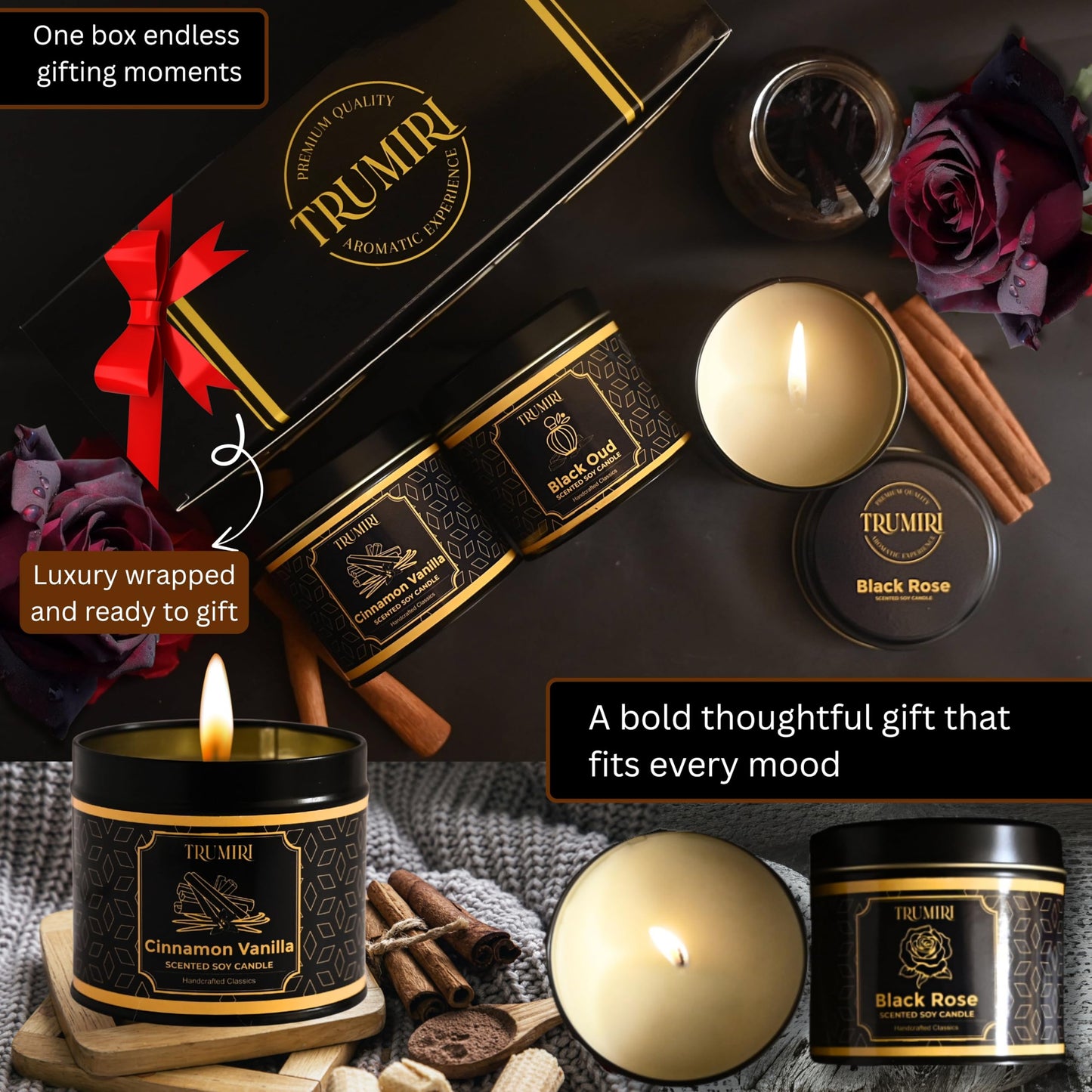 Candle Gift Set of 3 Sage Pine|Jasmine|Black Rose Strong Scented Soy Candels Natural Non Toxic Velas Aromáticas Favors for Women Coworkers Friends Guests Also for Fall Diwali Christmas Holidays