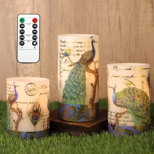 FLAVCHARM Flameless Candles Peacock Decor Battery Operated Candle with Remote Real Wax Flickering LED Pillar Candle Vintage Home Decor for Spring, Summer, Wedding Decor, Mothers Day Gifts