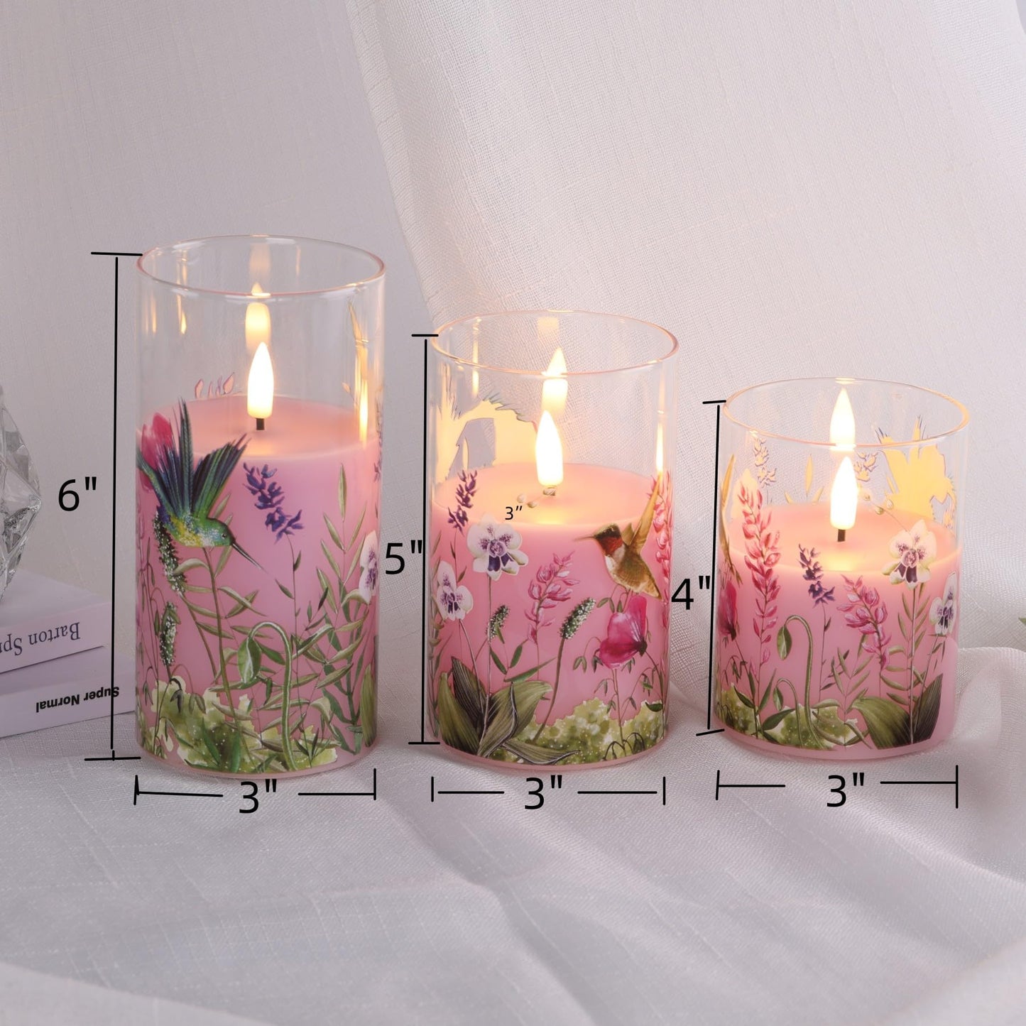 Eywamage Pink Hummingbird Floral Glass Flameless Candles with Remote, Flickering Battery LED Pillar Candles Set of 3, Spring Home Decor