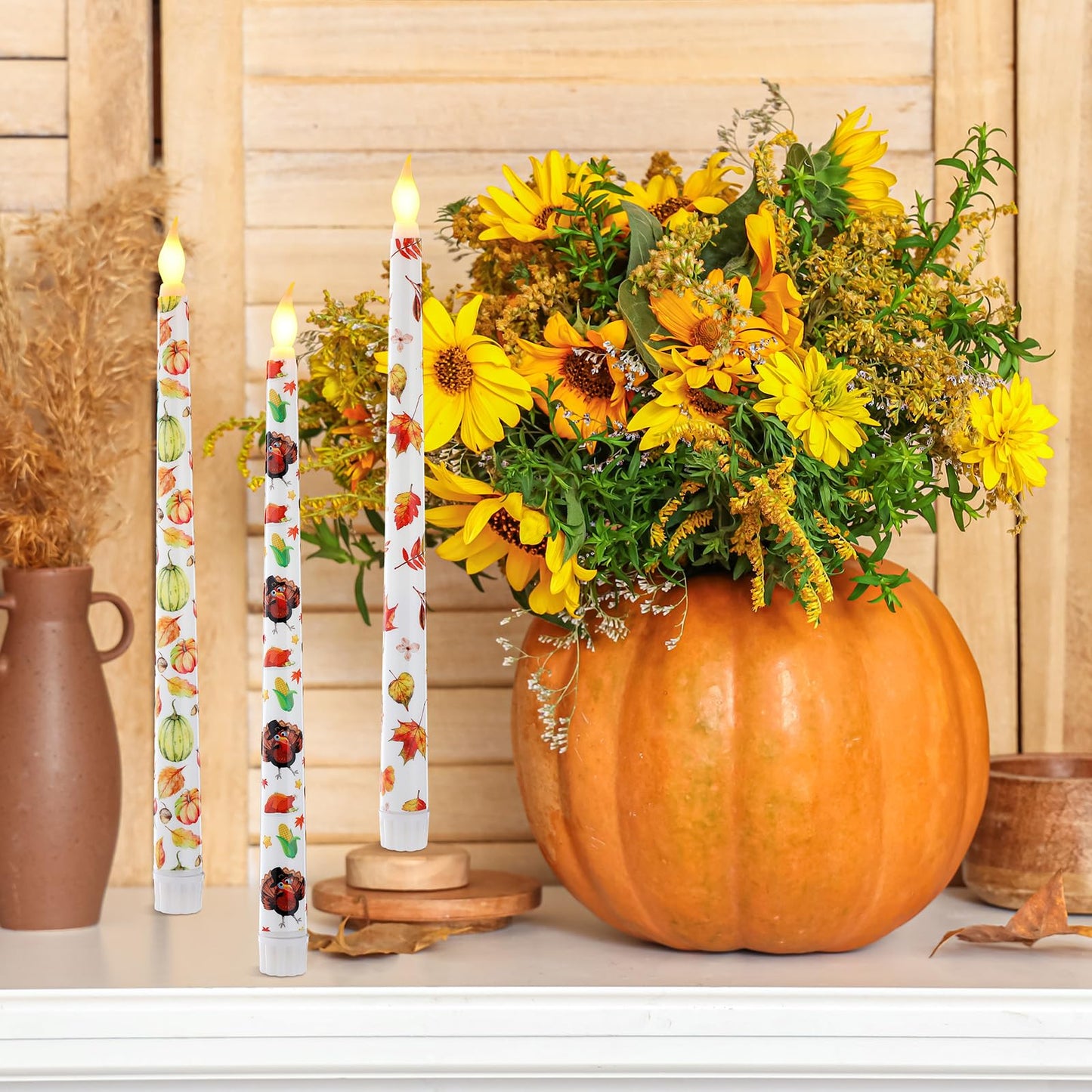 Kittmip 6 Pcs Thanksgiving Flameless Taper Candles 11 Inch Harvest Battery Operated LED Fall Leaves Pumpkin Turkey Candles Table Centerpiece for Home Party Decor