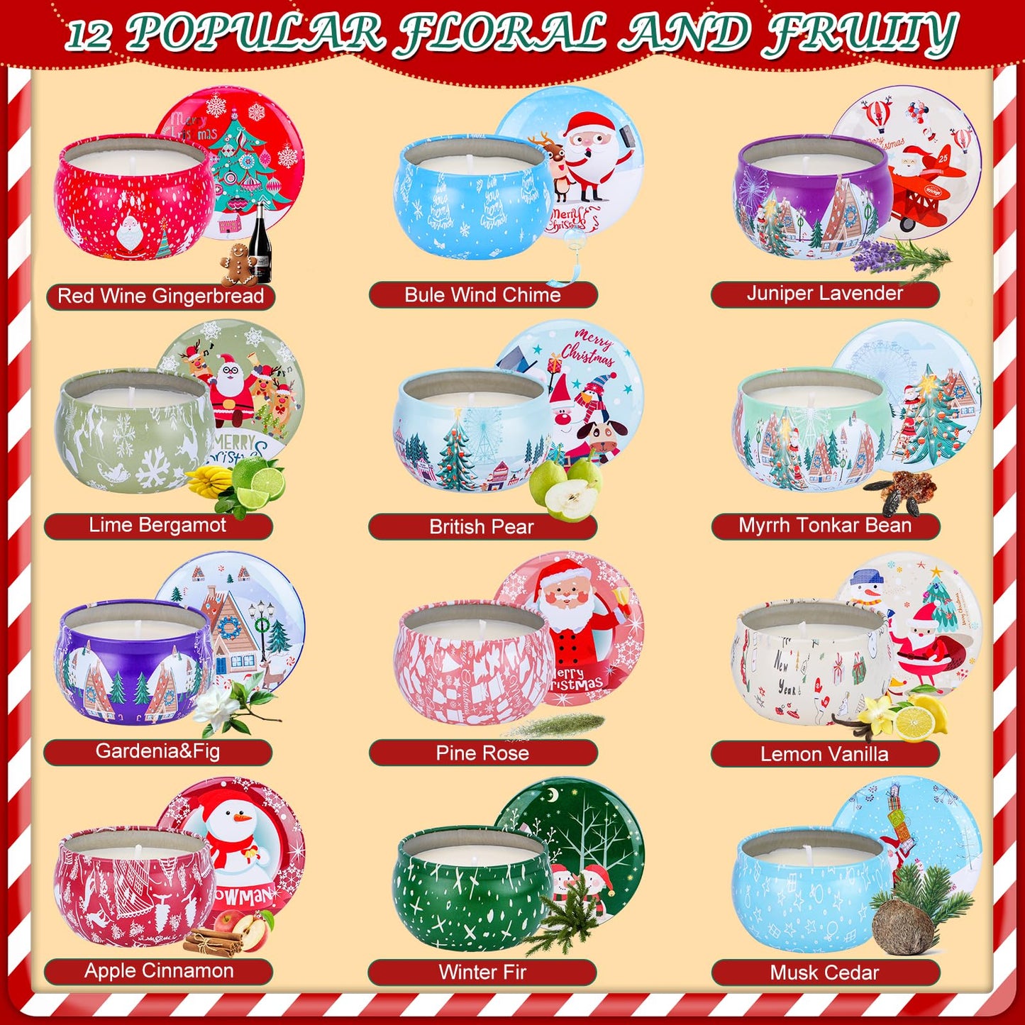 12PCS Christmas Scented Candles Gift for Women - Aromatherapy Candle for Home - 3.4oz Soy Wax Birthday Gifts for Mother, Friend, Wife, Sister, Xmas Decorations