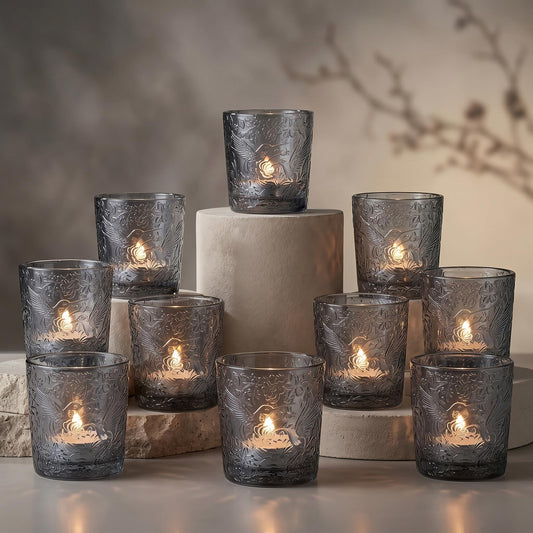 12 Pack Hummingbird Embossed Glass Candle Holders – Votive Tealight Holders with Patent Design, Decorative Embossed Glass Cups for Wedding Centerpieces, Parties, and Home Décor (Smoky Quartz)