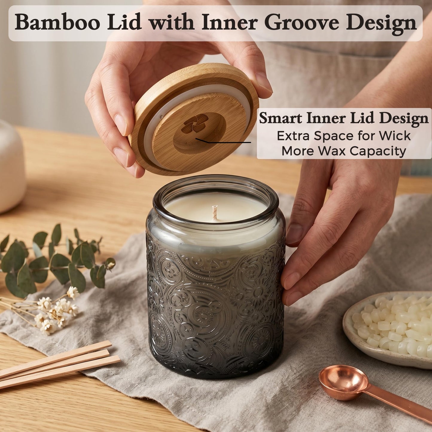 9-Pack 8oz Embossed Glass Candle Container with Bamboo Lids and Labels, Gray Candle Jars for Making Candles, Sun Moon Star Design