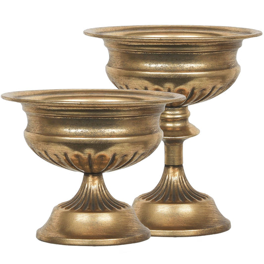 WORTH Gold Color Urn Vases for Centerpieces Set of 2 (Large: 8.8" H x 7.8" Dia. & Small: 6.1" H x 7.8" Dia.) - Classic Metal Trumpet Flower Pots for Table, Bowl Vase for Wedding Party Event Home Decor