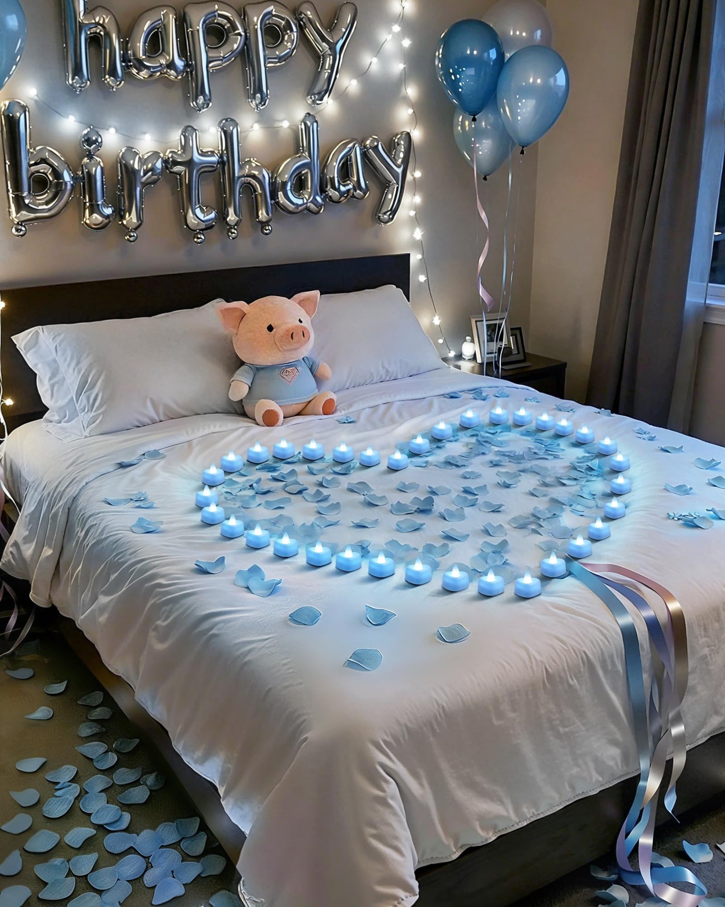 Amagic 1000 Pieces Light Blue Artificial Rose Petals with 12 Light Blue LED Tea Lights, Rose Petals and Candles Set for Proposal, Anniversary, Romantic Night, Wedding Decor