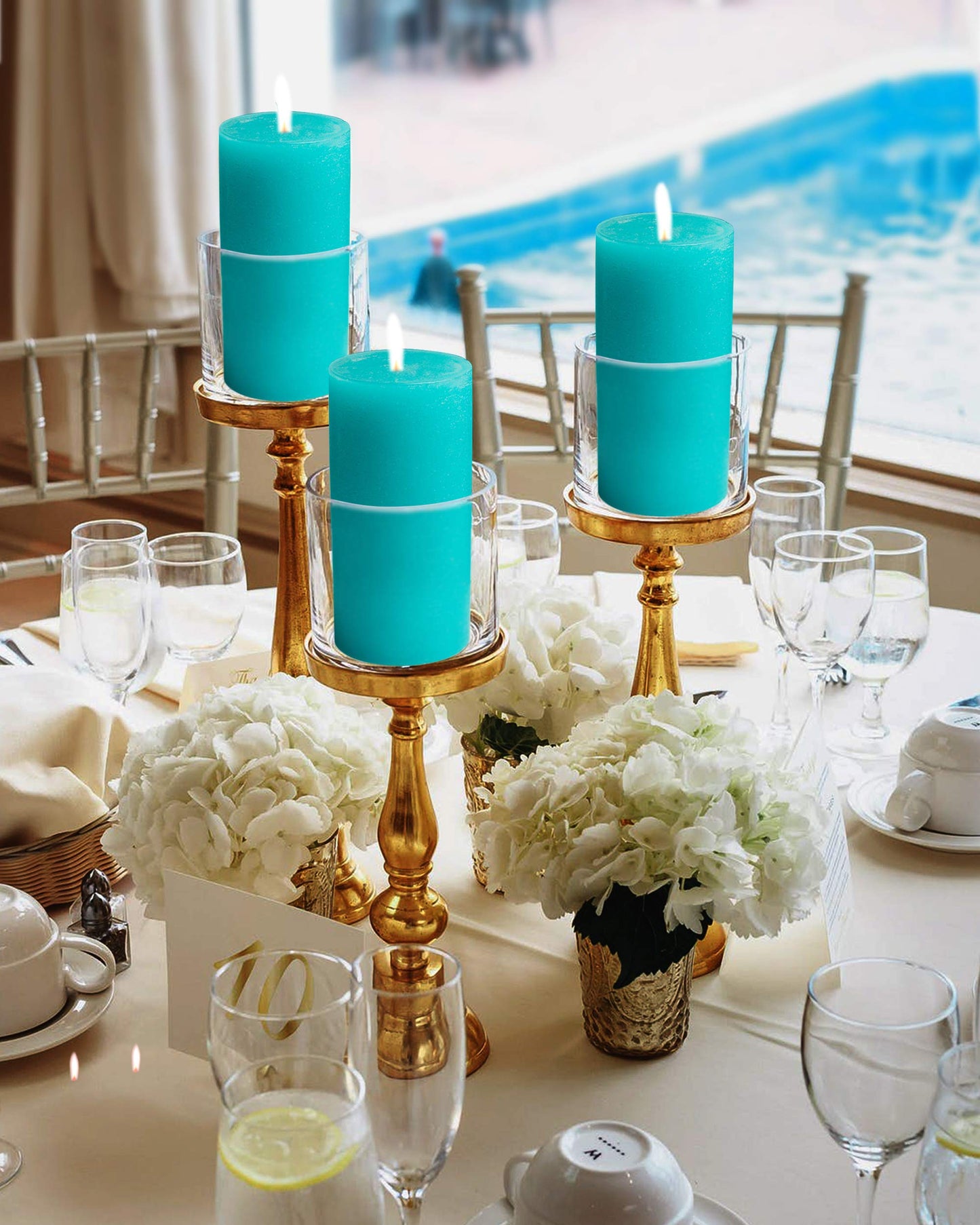 Mottled Pillar Candles by Bask - Set of 6-3" x 6" Dripless Unscented Candles in Turquoise for Home Decor, Relaxation & All Occasions
